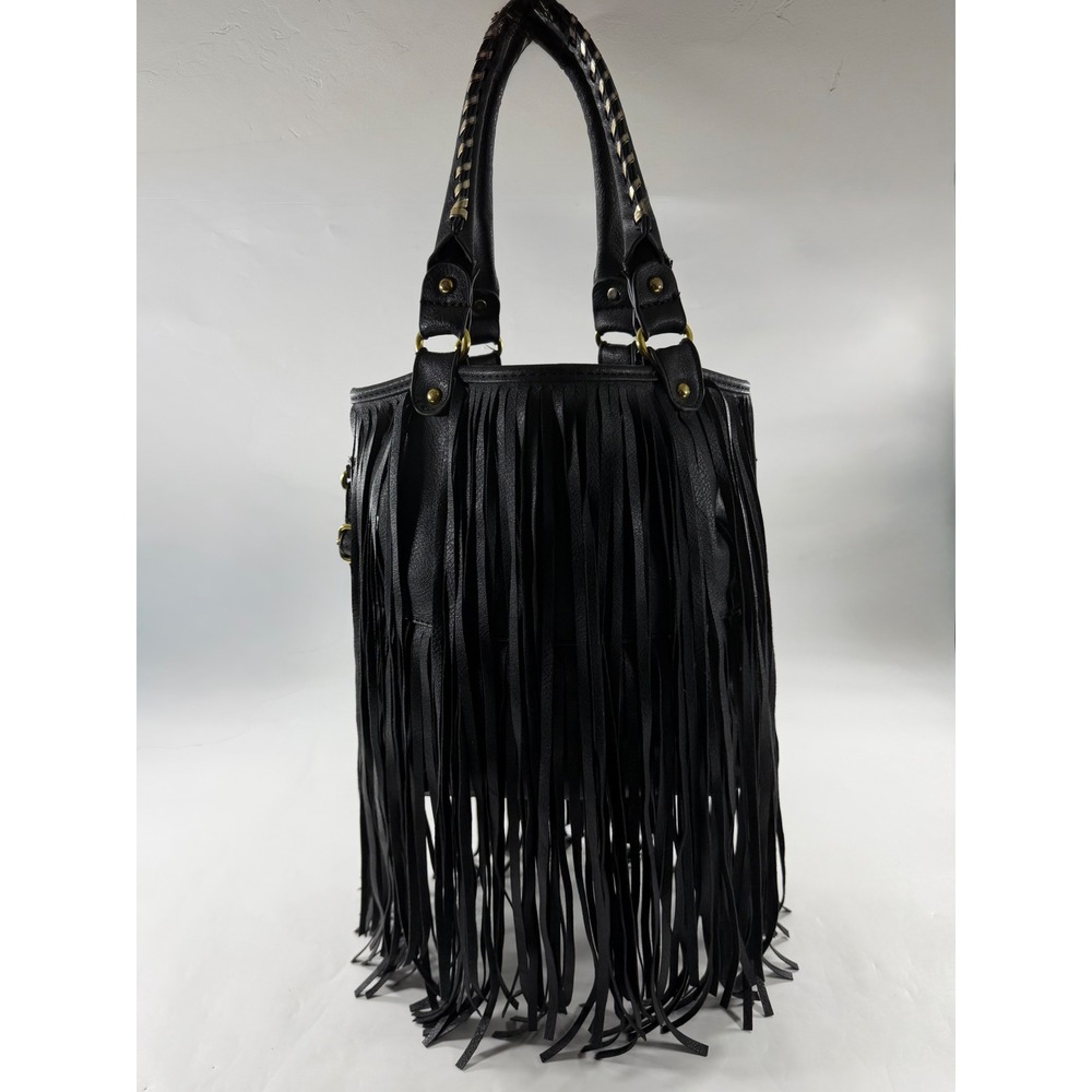 Black Faux Leather Fringe Boho Tote Bag Crossbody Whipstitch Gold Hardware